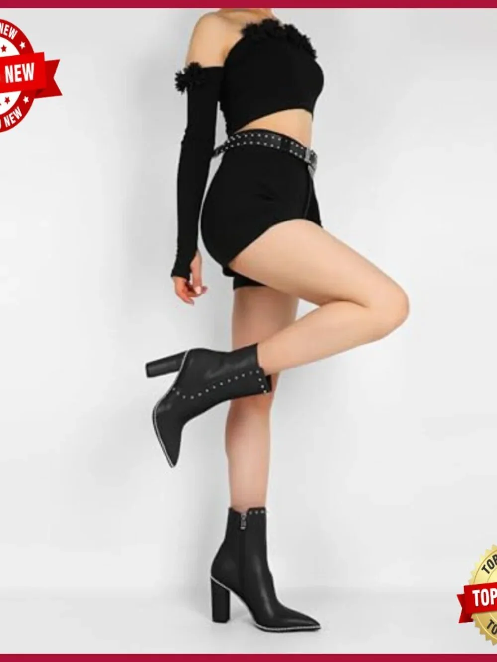 Pointed Toe Ankle Boots with Studs, Chunky 3.7 Inch Heel, Side Zipper Closure